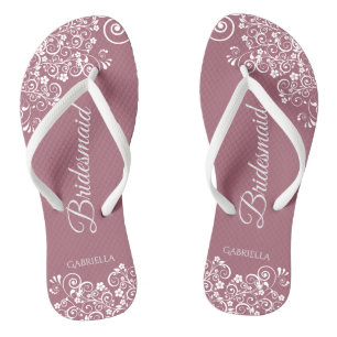 White Lace on Dusty Rose Bridesmaid Wedding Jandals
