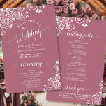 White Lace on Dusty Rose Budget Wedding Program<br><div class="desc">These wedding programs are elegant and tasteful, while still being budget friendly. The design features an ornate white floral lace pattern on a rose blue or mauve pink coloured background. The typography features lacy script calligraphy, and there is room for details on the ceremony, the bridal party, and a short...</div>