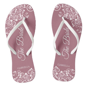 White Lace on Dusty Rose Elegant Bride's Wedding Jandals