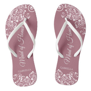 White Lace on Dusty Rose Maid of Honour Wedding Jandals
