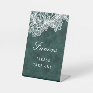 White Lace on Emerald Green Faux Velvet Favours Pedestal Sign