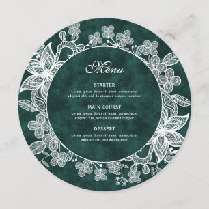 White Lace on Emerald Green Faux Velvet Round Menu