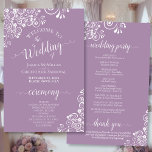 White Lace on Lavender Budget Wedding Program<br><div class="desc">These wedding programs are elegant and tasteful, while still being budget friendly. The design features an ornate white floral lace pattern on a lavender or lilac coloured background. The typography features lacy script calligraphy, and there is room for details on the ceremony, the bridal party, and a short thank you....</div>