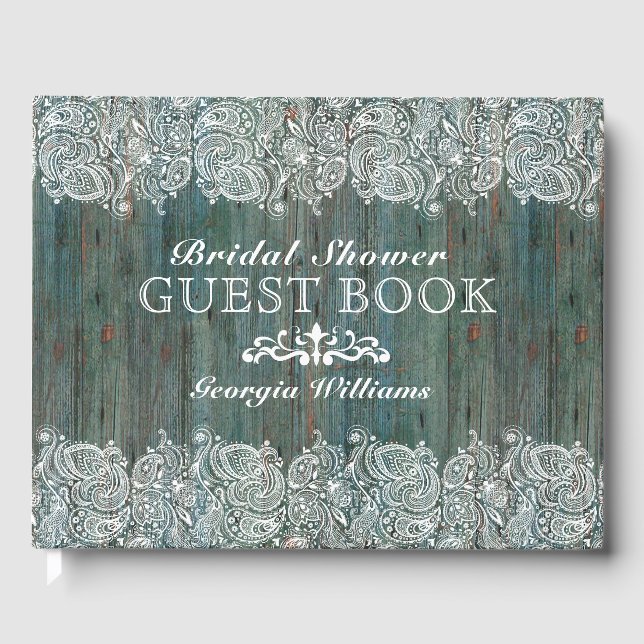 White Lace On Moss-Green Wood Texture Guest Book (Front)