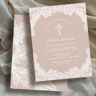White Lace on Pale Brown Baptism Invitation