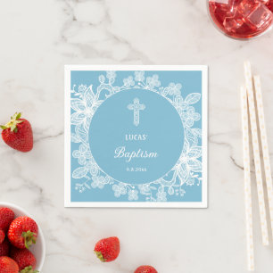 White Lace on Pastel Blue Baptism Napkin
