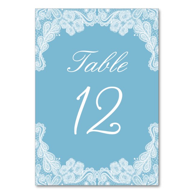 White Lace on Pastel Blue Table Number (Front)