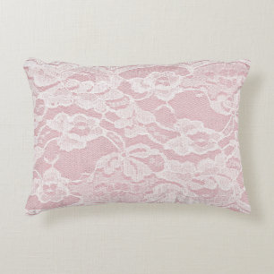 White Lace on Pastel Pink Linen Texture Decorative Cushion