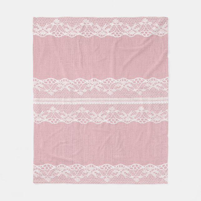White Lace on Pastel Pink Linen Texture Fleece Blanket (Front)
