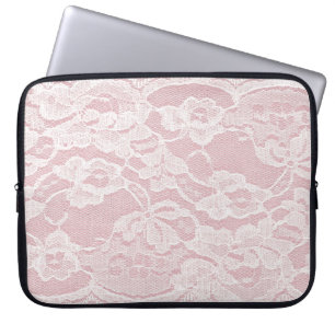 White Lace on Pastel Pink Linen Texture Laptop Sleeve