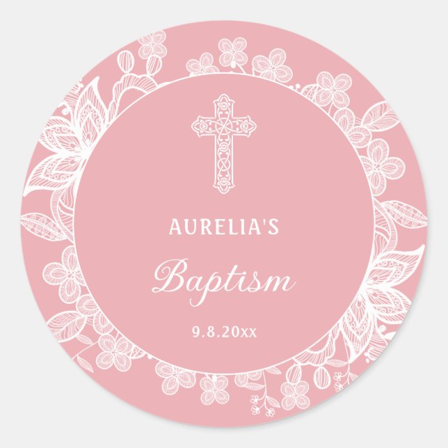 White Lace on Pink Baptism Classic Round Sticker (Front)