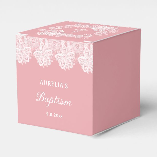 White Lace on Pink Baptism Cube Favour Box (Front Side)