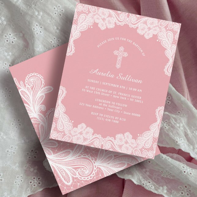 White Lace on Pink Baptism Invitation (Creator Uploaded)