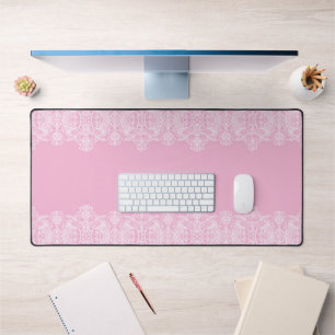 White Lace on Pink Desk Mat