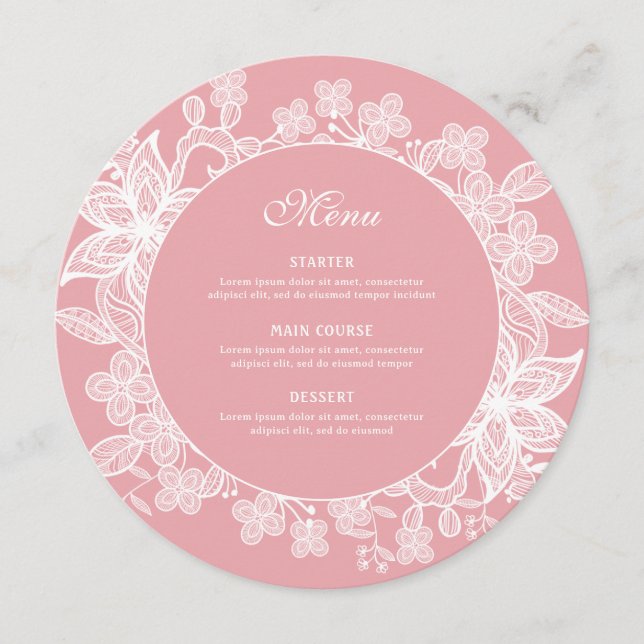 White Lace on Pink Round Menu (Front)