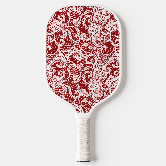 White Lace On Red Pickleball Paddle (Front)