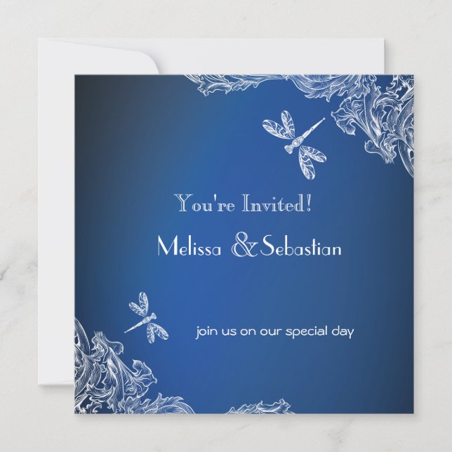 White Lace on Royal Blue  Dragonflies  Wedding Invitation (Front)