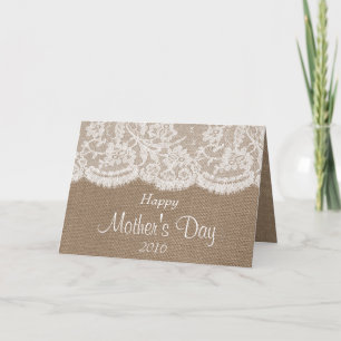 White Lace On Rustic Burlap Happy Mother's Day Card