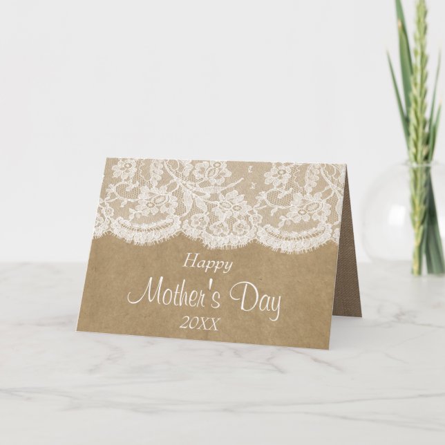 White Lace On Rustic Kraft Happy Mother's Day Card (Front)