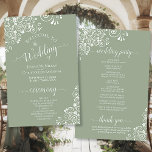 White Lace on Sage Green Budget Wedding Program<br><div class="desc">These wedding programs are elegant and tasteful,  while still being budget friendly. The design features an ornate white floral lace pattern on a sage green coloured background. The typography features lacy script calligraphy,  and there is room for details on the ceremony,  the bridal party,  and a short thank you.</div>