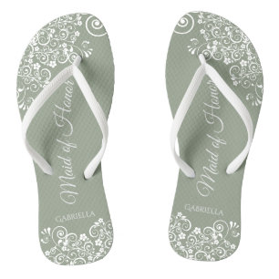White Lace on Sage Green Maid of Honour Wedding Jandals