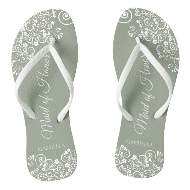White Lace on Sage Green Maid of Honour Wedding Jandals (Footbed)