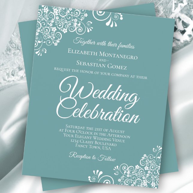 White Lace on Teal Budget Wedding Invitation (Creator Uploaded)