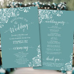 White Lace on Teal Budget Wedding Program<br><div class="desc">These wedding programs are elegant and tasteful, while still being budget friendly. The design features an ornate white floral lace pattern on a teal, aqua, or turquoise coloured background. The typography features lacy script calligraphy, and there is room for details on the ceremony, the bridal party, and a short thank...</div>