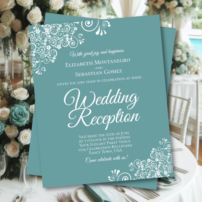 White Lace on Teal BUDGET Wedding Reception Invite (Front/Back)
