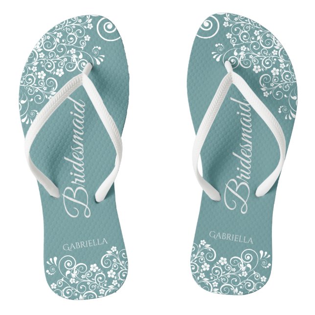 White Lace on Teal Elegant Bridesmaid Wedding Jandals (Footbed)