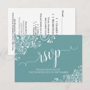 White Lace on Teal Elegant Calligraphy Wedding RSVP Card