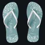 White Lace on Teal Elegant Maid of Honour Wedding Jandals<br><div class="desc">These beautiful wedding flip flops are a great way to thank and recognise your Maid of Honour while saving her feet at the same time. Features an elegant design with white floral lace filigree on a teal or turquoise coloured background. The elegant script lettering reads Maid of Honour with her...</div>