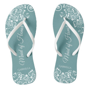 White Lace on Teal Elegant Maid of Honour Wedding Jandals