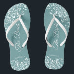 White Lace on Teal Simple Elegant Bride's Wedding Jandals<br><div class="desc">Dance the night away with these beautiful wedding flip flops. Designed for the bride, they feature a simple yet elegant design with fancy script lettering on a teal background and white lace curls and swirls. Beautiful way to stay fancy and appropriate while giving your feet a break after a long...</div>