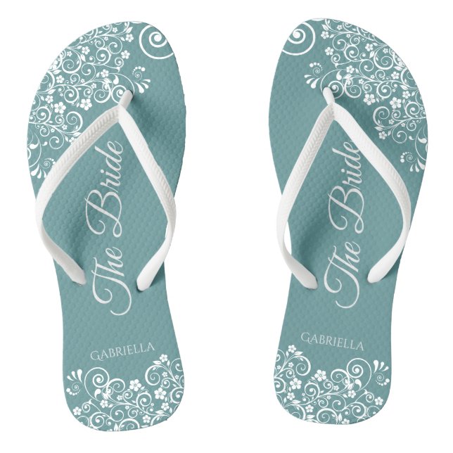 White Lace on Teal Simple Elegant Bride's Wedding Jandals (Footbed)