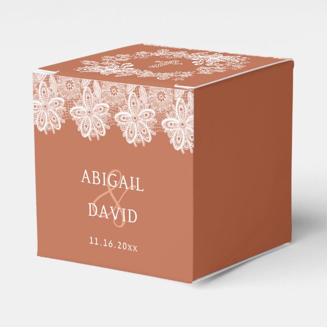 White Lace on Terracotta Religious Wedding Cube Favour Box (Front Side)