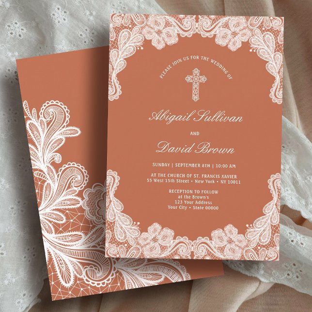 White Lace on Terracotta Religious Wedding Invitation (Creator Uploaded)