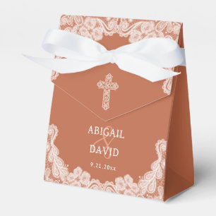 White Lace on Terracotta Religious Wedding Tent Favour Box