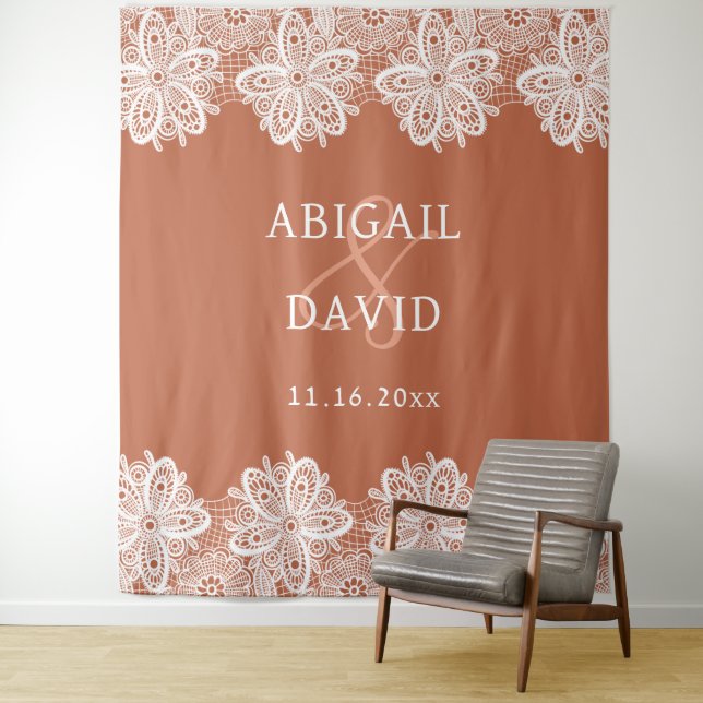 White Lace on Terracotta Wedding Backdrop Tapestry (In Situ)