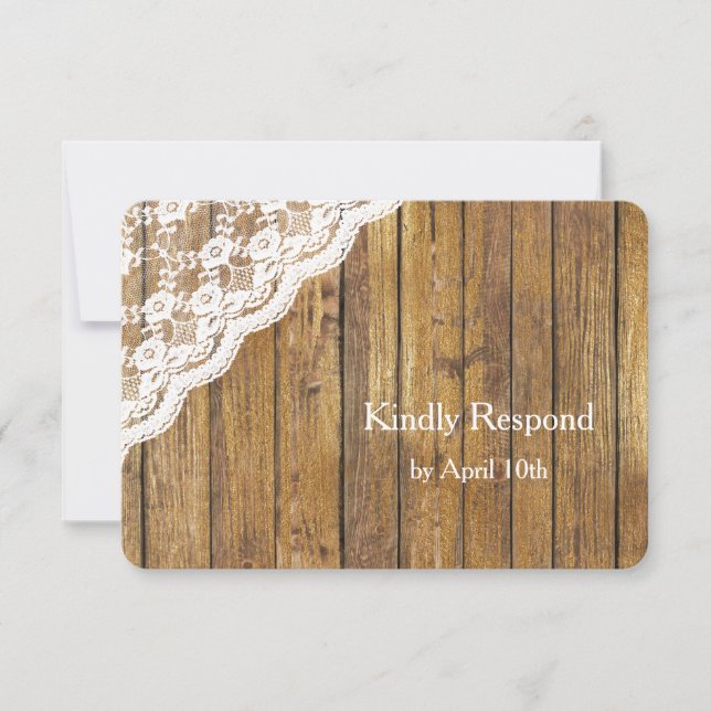 White Lace on Wood Wedding RSVP (Front)