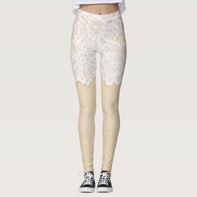 White lace over fabric design. leggings (Front)
