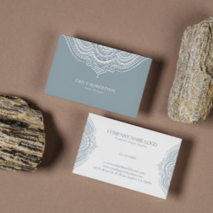 White Lace Paisley Mandala On Blue-Gray Business Card