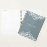 White Lace Paisley Mandala On Blue-Grey Planner<br><div class="desc">Beautiful white floral lace paisley mandala with geometric circles and swirls on blue-grey and reversed colours on the back of the card.</div>