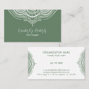 White Lace Paisley Mandala on Olive Green Business Card