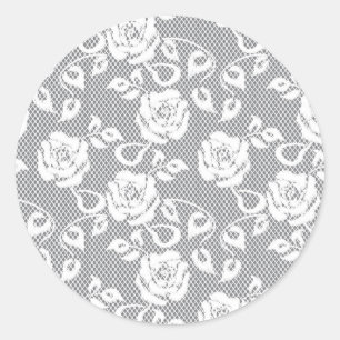 White lace pattern on grey background classic round sticker