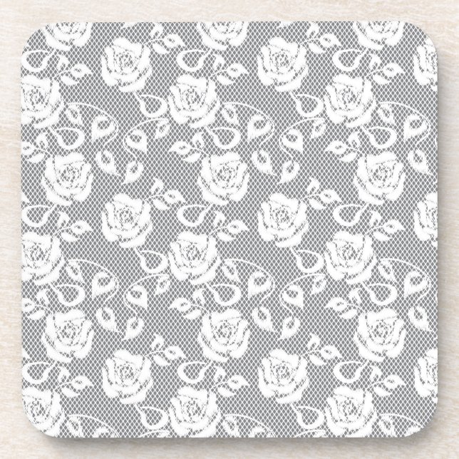 White lace pattern on grey background coaster (Front)
