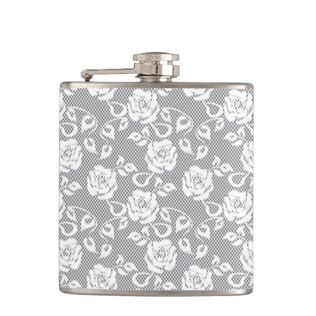 White lace pattern on grey background hip flask (Front)