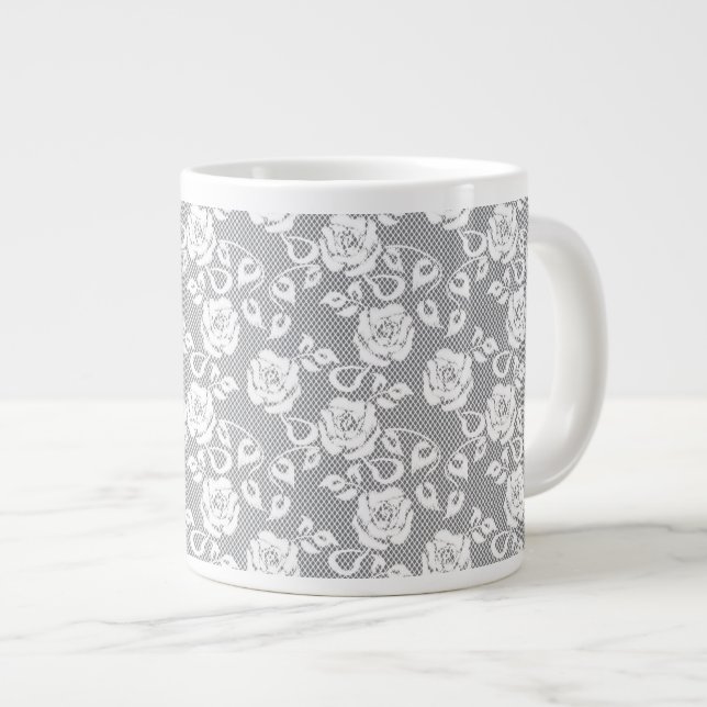 White lace pattern on grey background large coffee mug (Front Right)