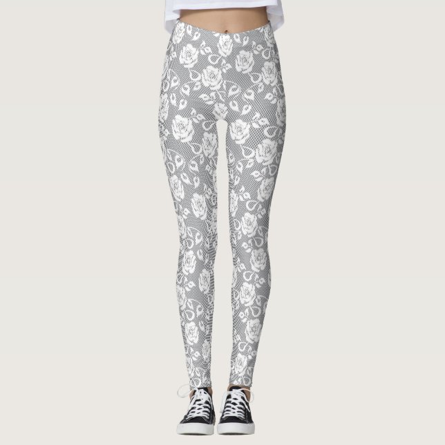 White lace pattern on grey background leggings (Front)