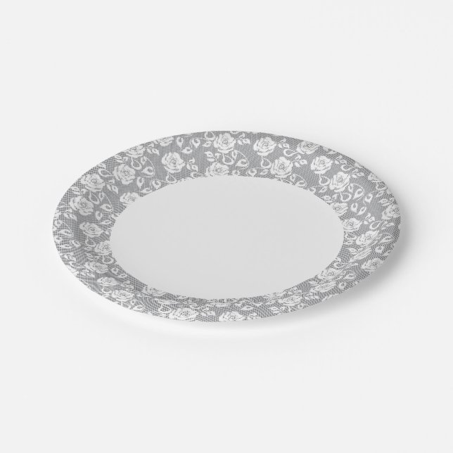 White lace pattern on grey background paper plate (Angled)